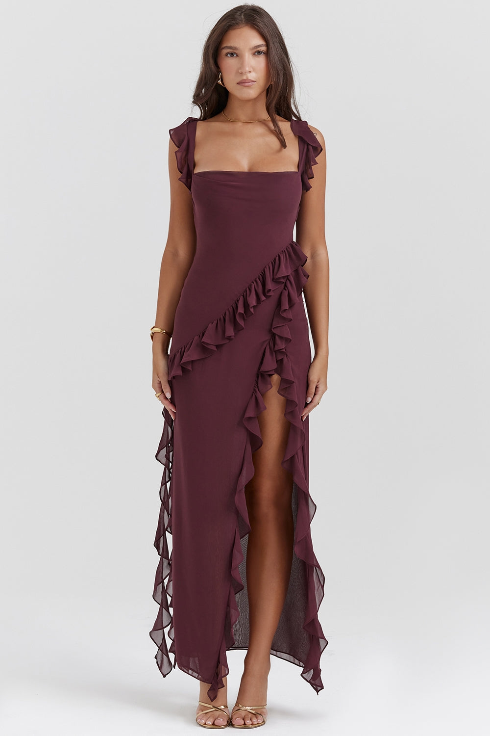 Dalia |Vestido Largo Sin Mangas Con Abertura y Ribete de Volantes