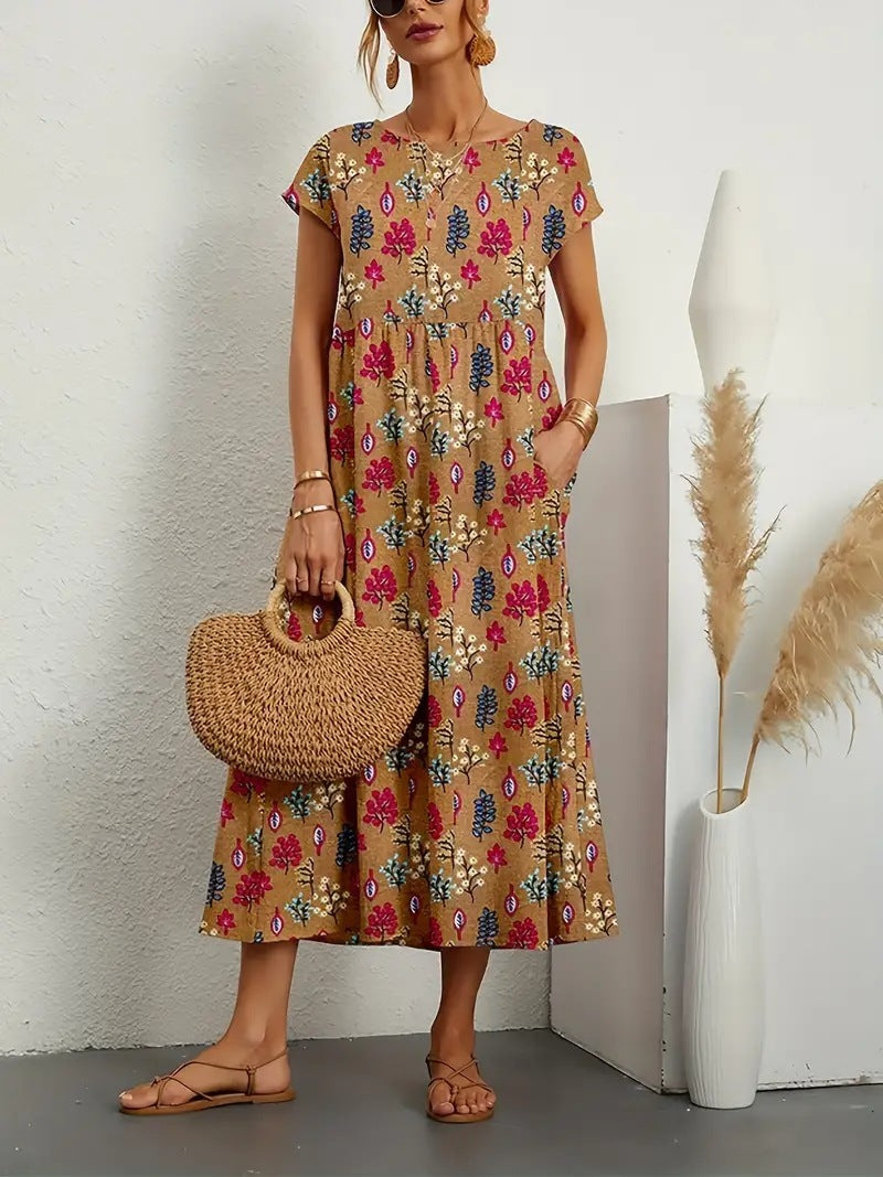 Lovelyn - Vestido Midi de Manga Corta con Estampado Floral