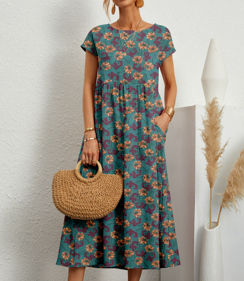 Lovelyn - Vestido Midi de Manga Corta con Estampado Floral
