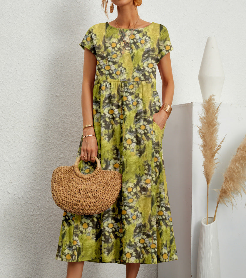 Lovelyn - Vestido Midi de Manga Corta con Estampado Floral