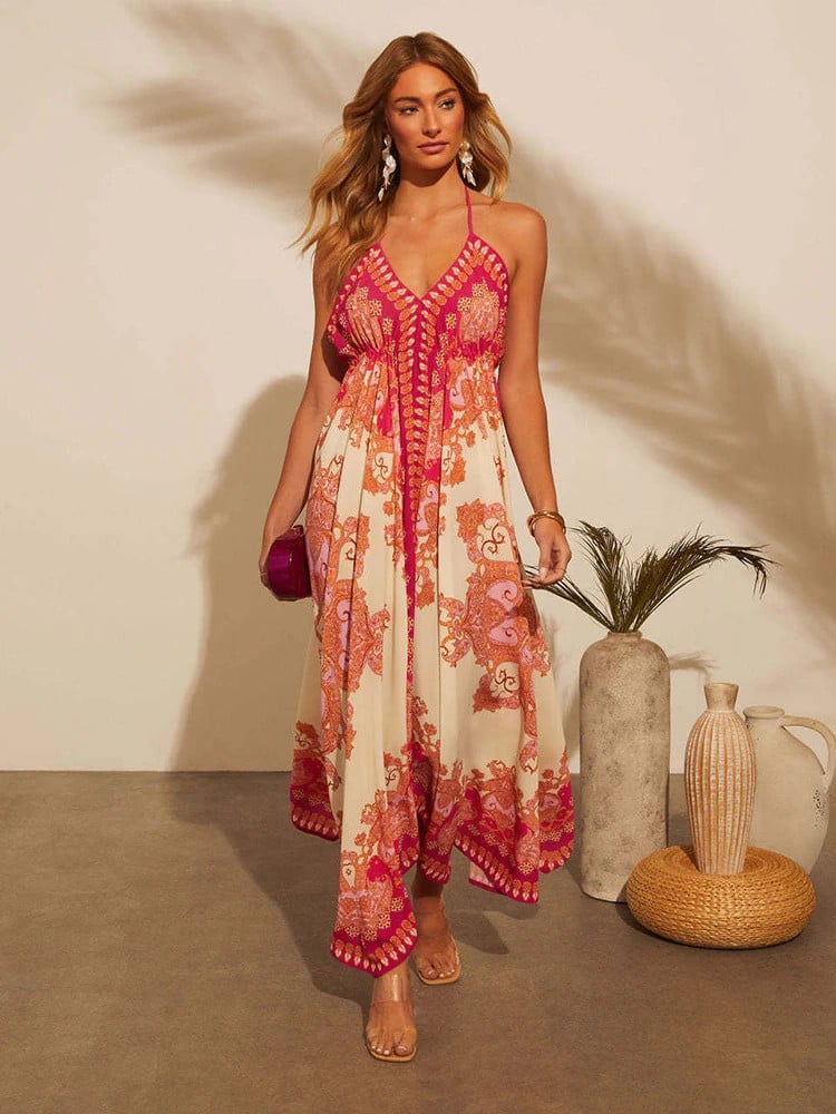Delfina | Vestido Largo Sin Espalda Con Cuello Halter Y Estampado