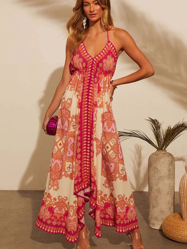Delfina | Vestido Largo Sin Espalda Con Cuello Halter Y Estampado