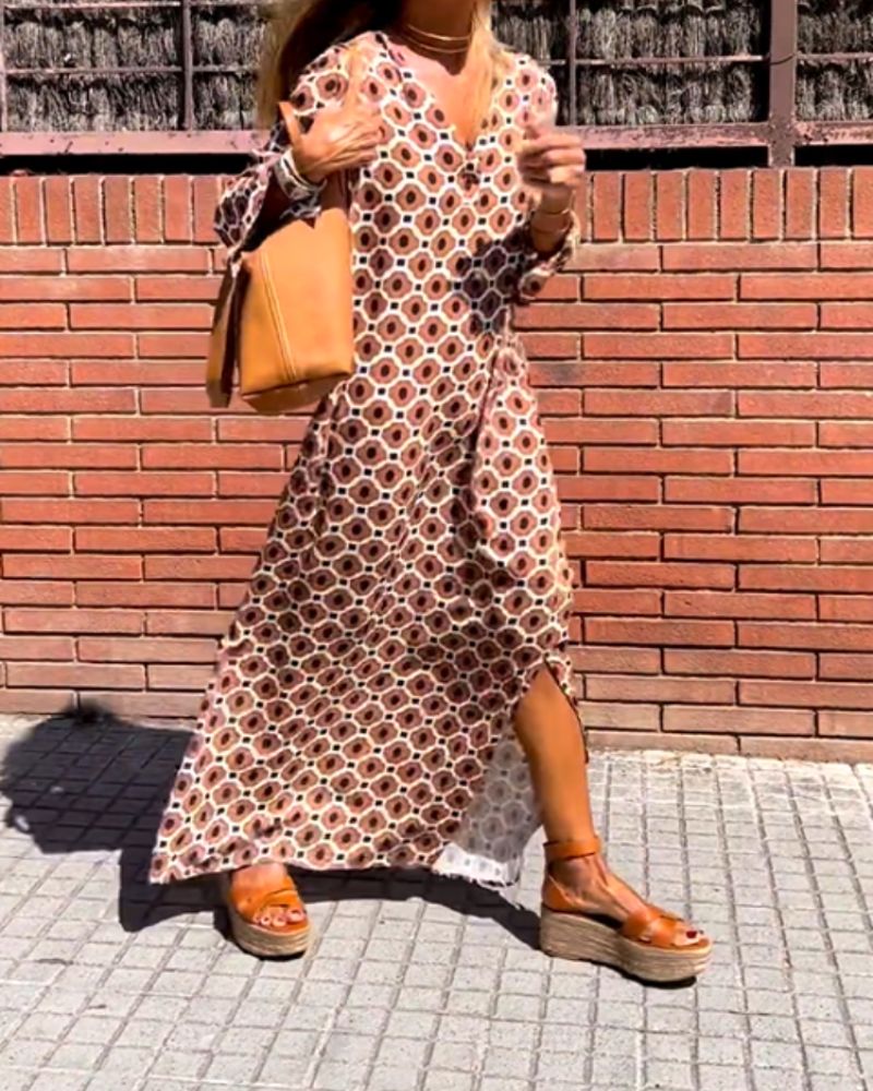 Rivka | Vestido Largo de Manga Larga Con Estampado y Escote en V