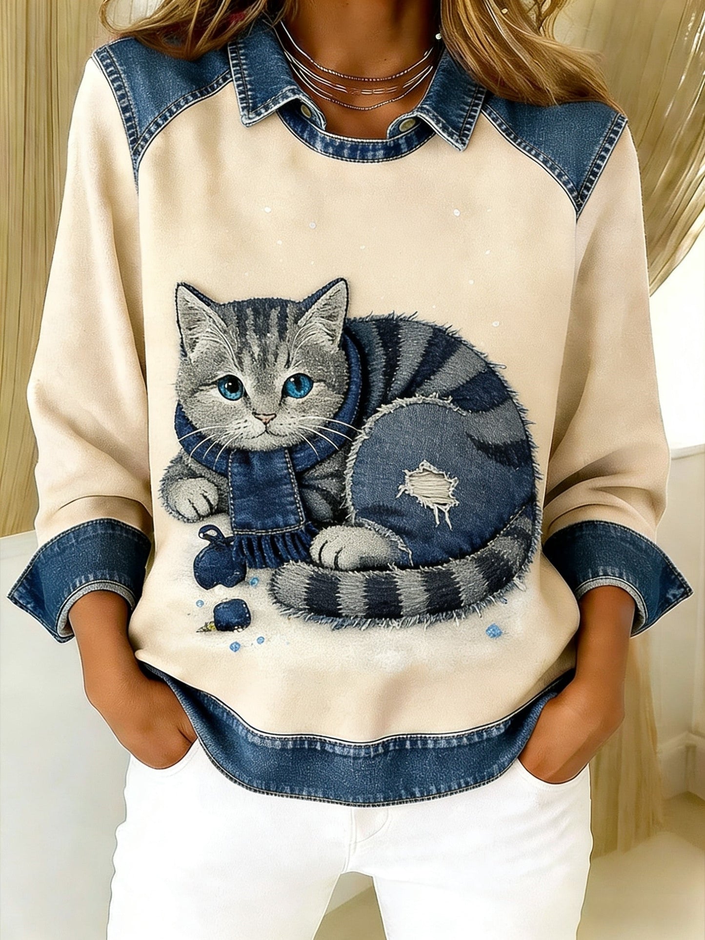 Eponin - Sudadera Con Parches de Denim y Estampado de Gatos