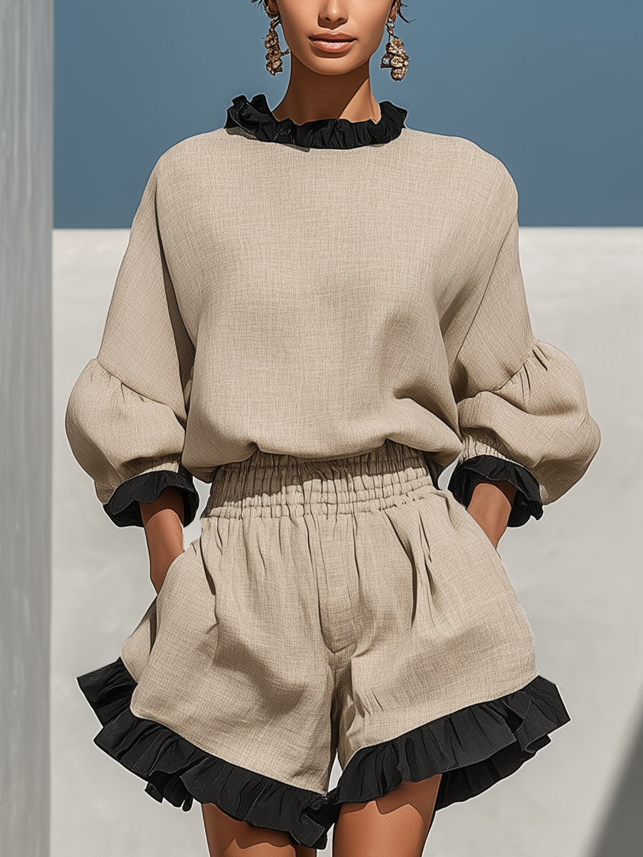 Simi | Conjunto de blusa y pantalones cortos con ribete de volantes