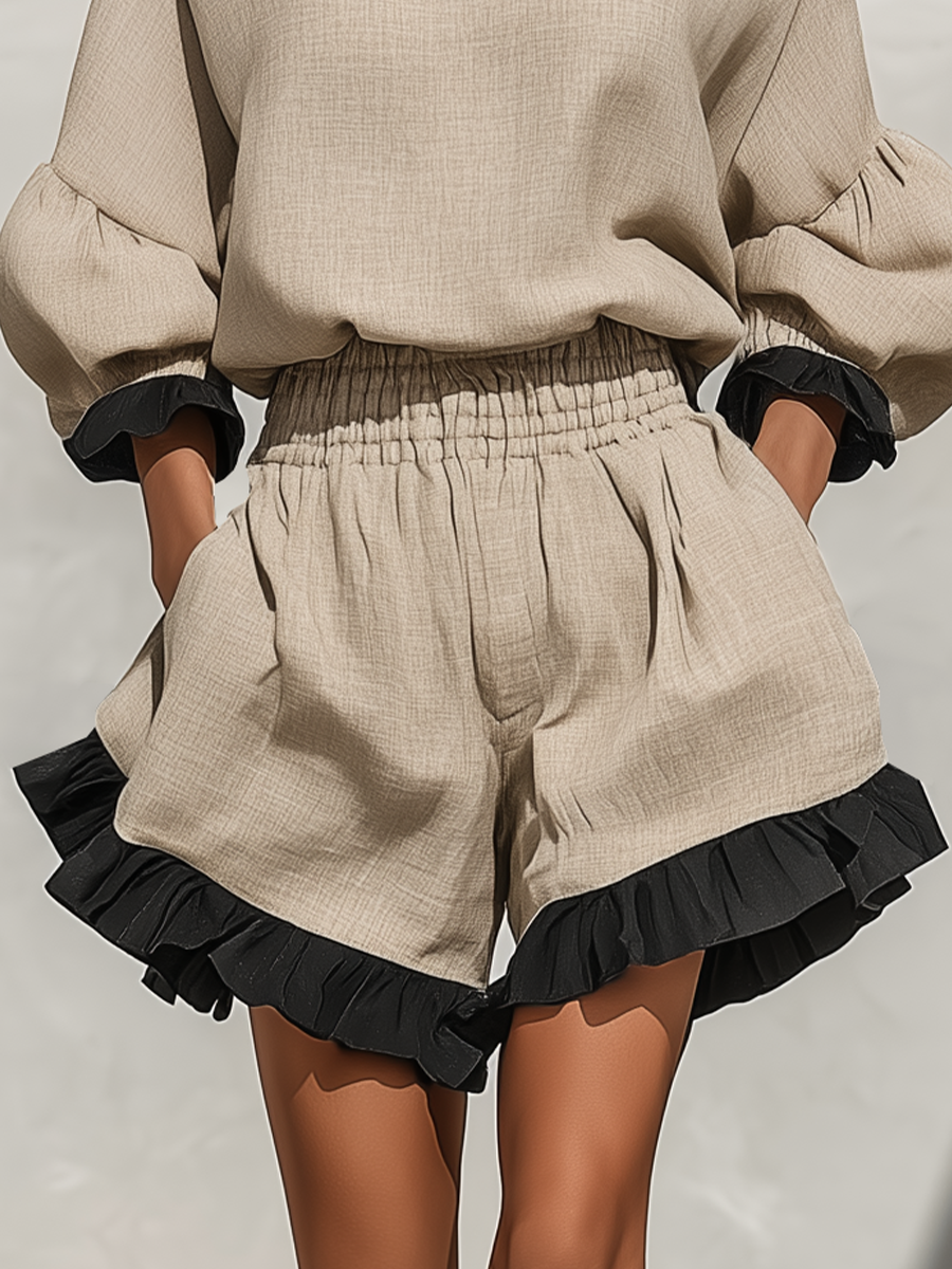 Simi | Conjunto de blusa y pantalones cortos con ribete de volantes