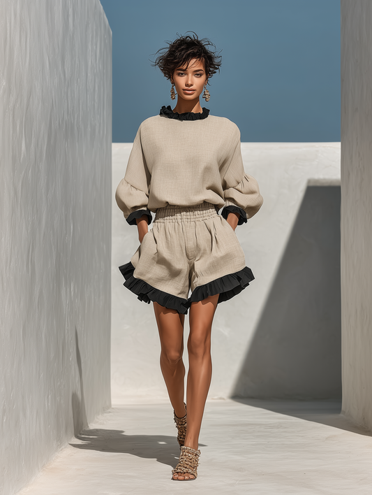 Simi | Conjunto de blusa y pantalones cortos con ribete de volantes