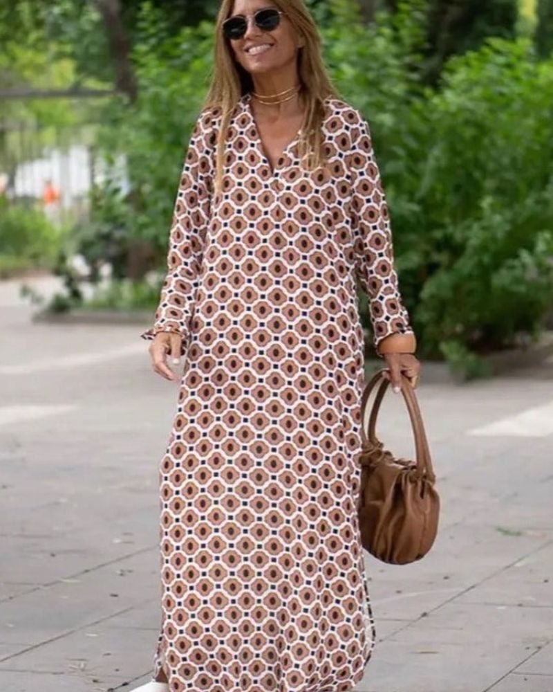 Rivka | Vestido Largo de Manga Larga Con Estampado y Escote en V