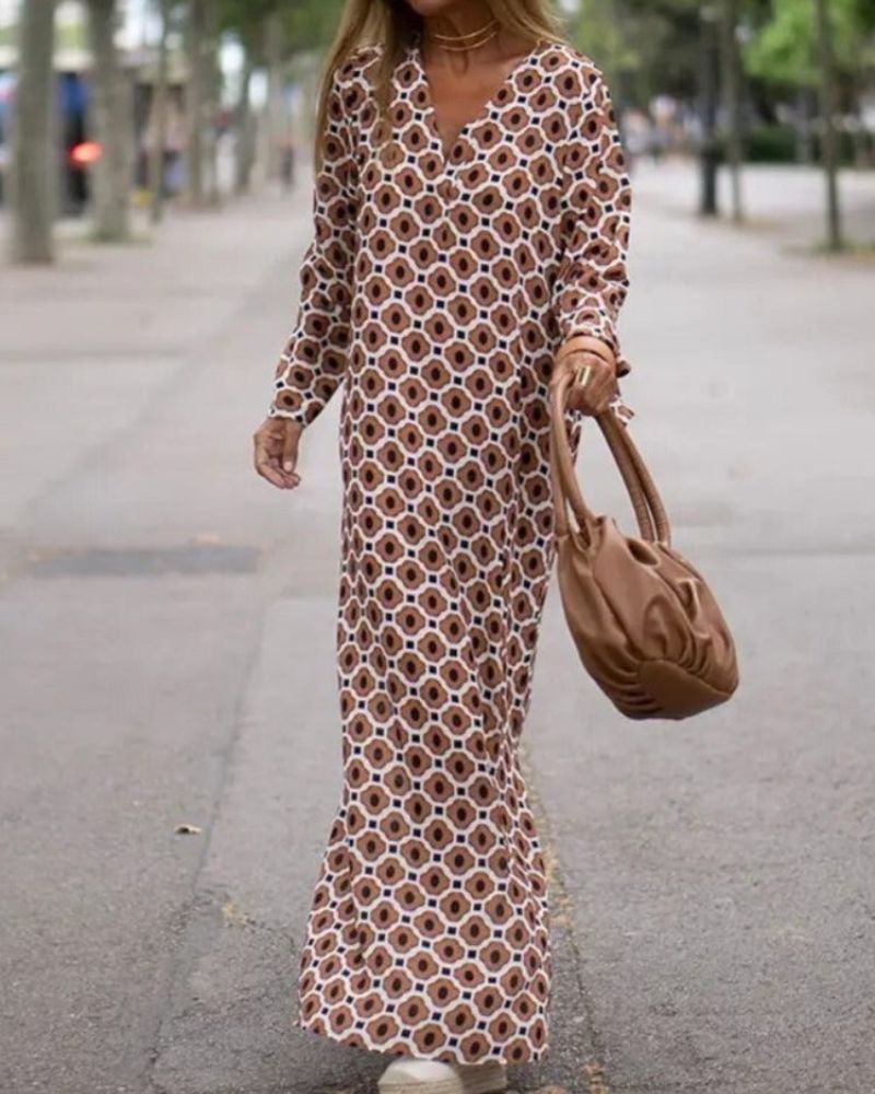 Rivka | Vestido Largo de Manga Larga Con Estampado y Escote en V