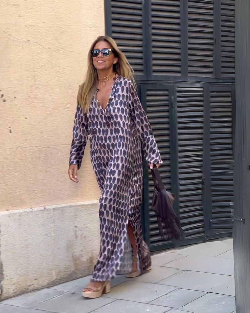 Rivka | Vestido Largo de Manga Larga Con Estampado y Escote en V