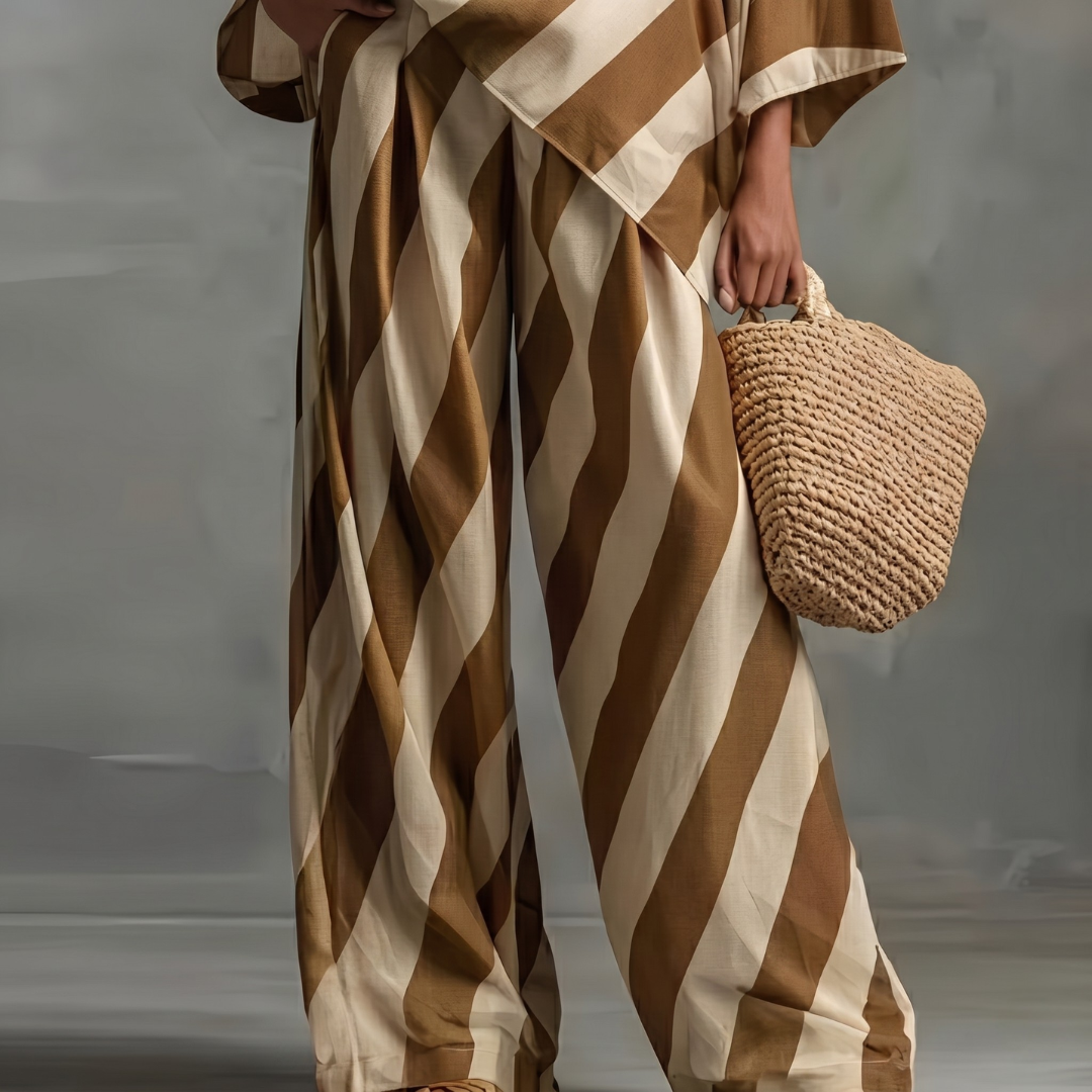 Elliotte - Conjunto de top de un solo Hombro a Rayas y Pantalones de Pierna Ancha
