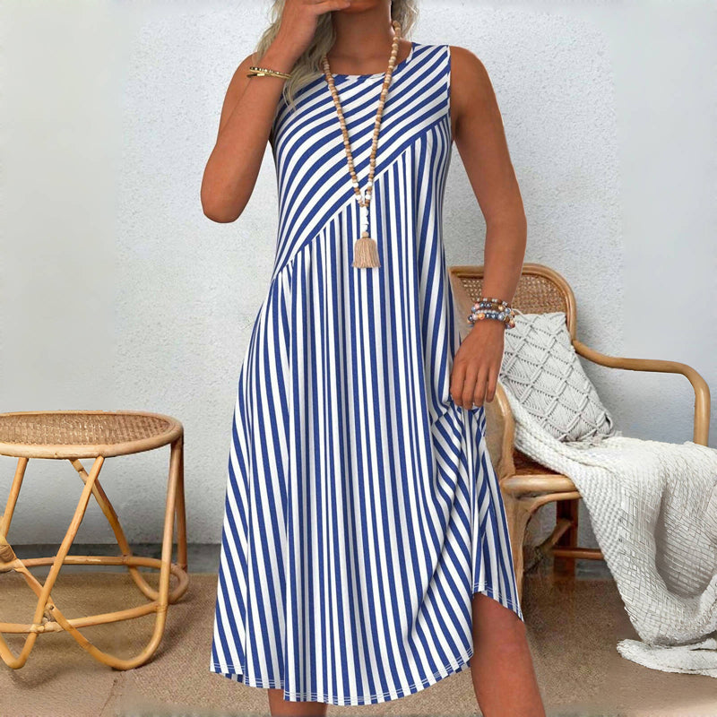 Emeely - Vestido midi sin mangas a rayas con corte acampanado