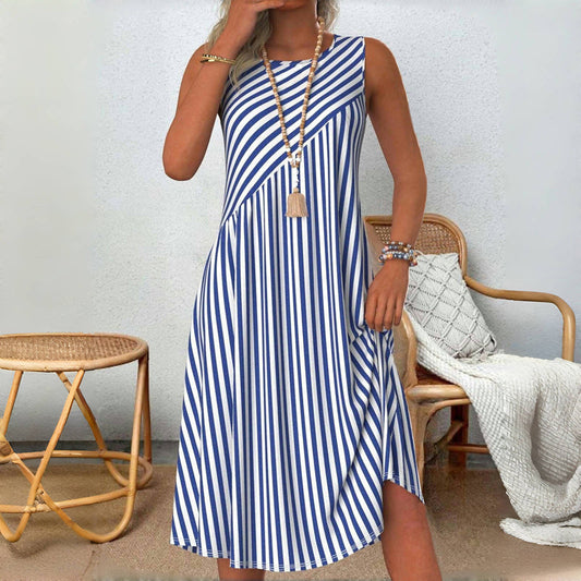 Emeely - Vestido midi sin mangas a rayas con corte acampanado