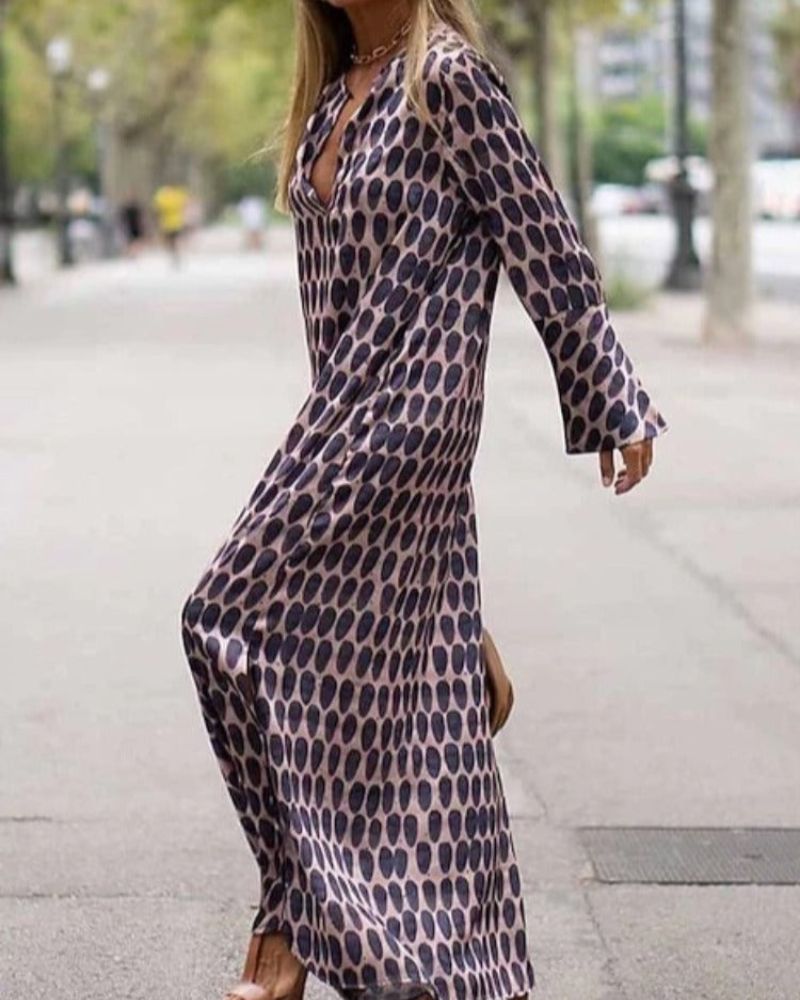 Rivka | Vestido Largo de Manga Larga Con Estampado y Escote en V