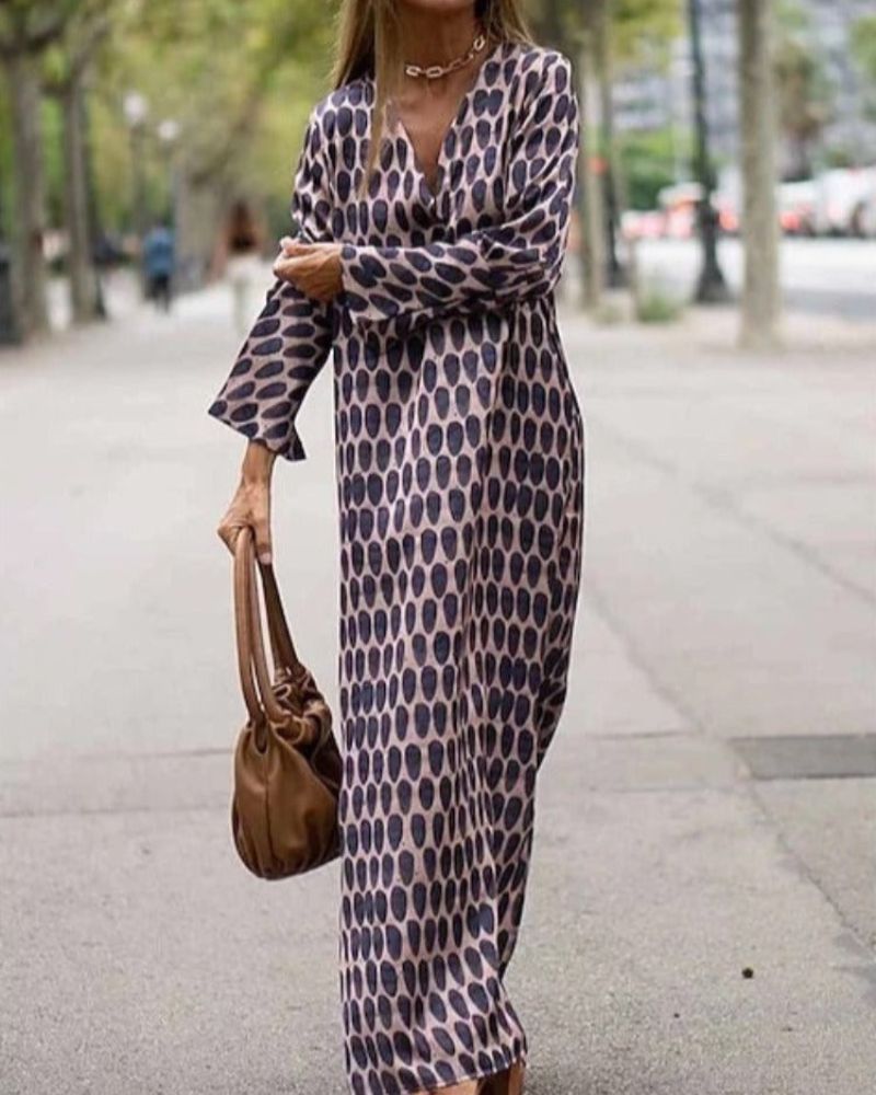 Rivka | Vestido Largo de Manga Larga Con Estampado y Escote en V