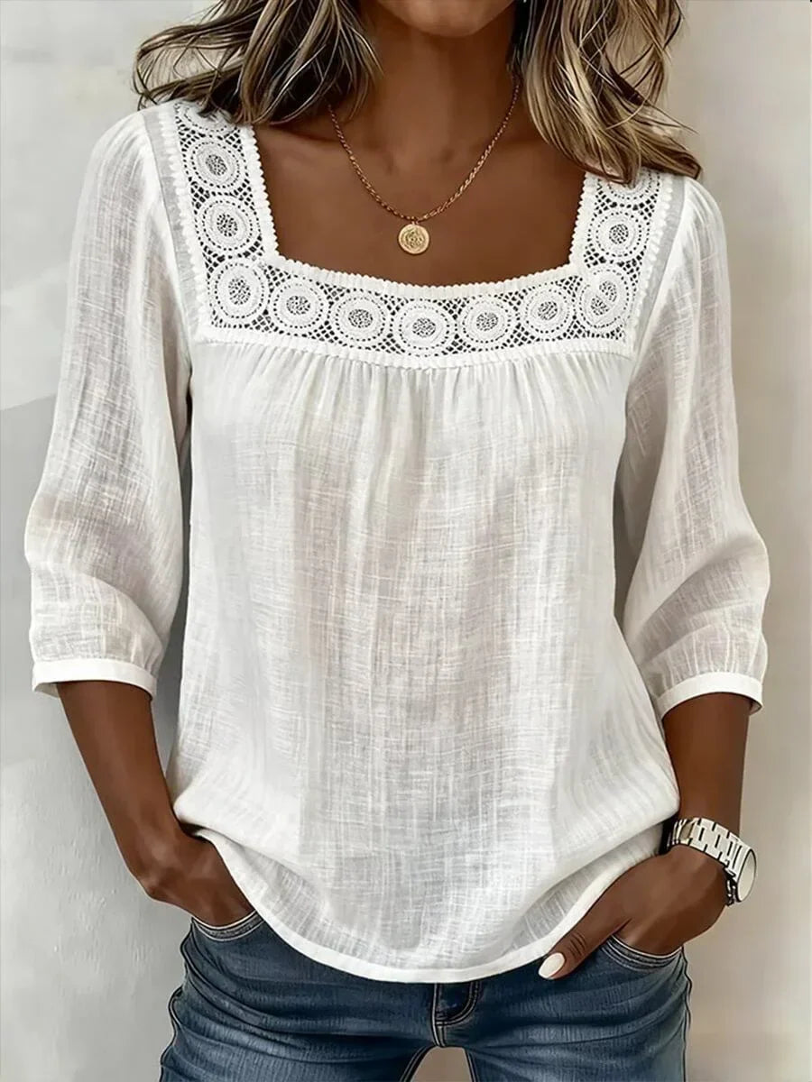 Nozomi | Blusa Con Encaje Decorativo y Escote Cuadrado