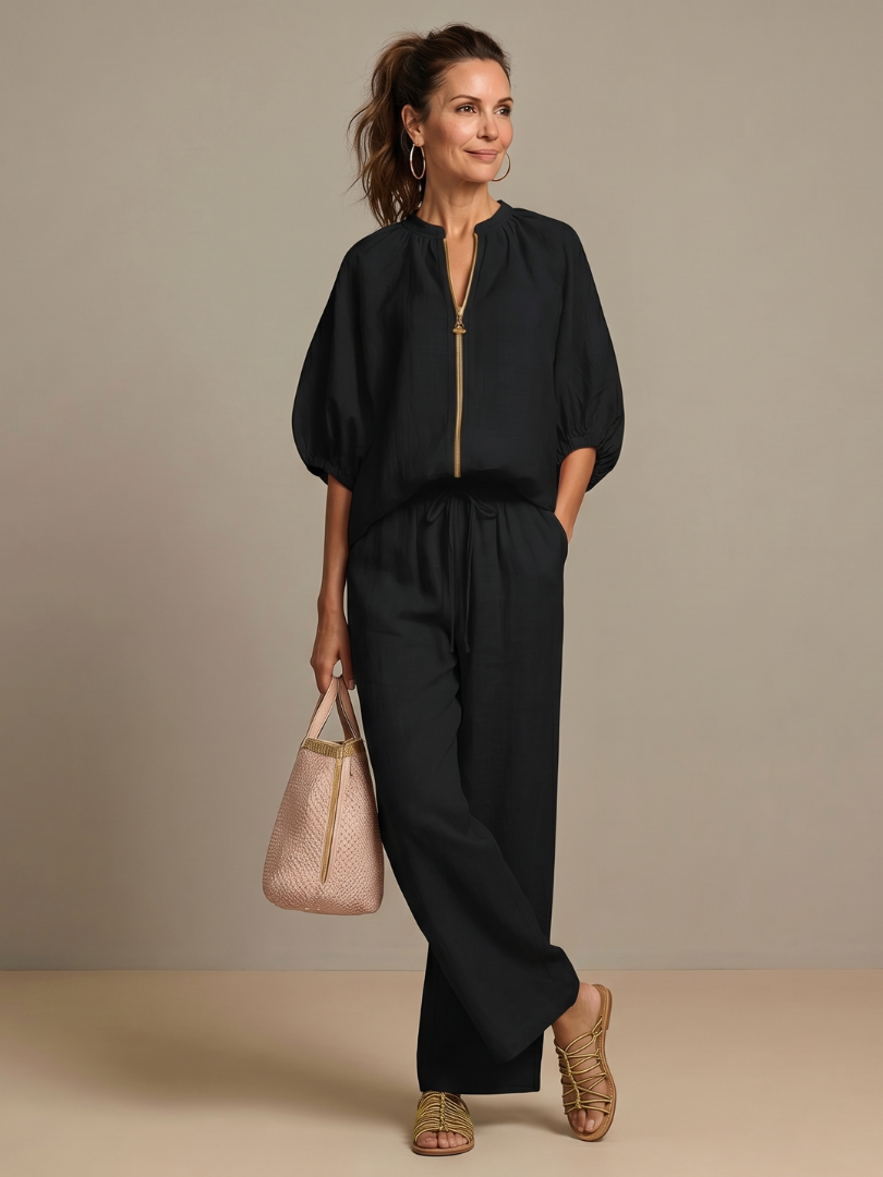 Sharina | Conjunto Blusa Cremallera Pantalón Ancho