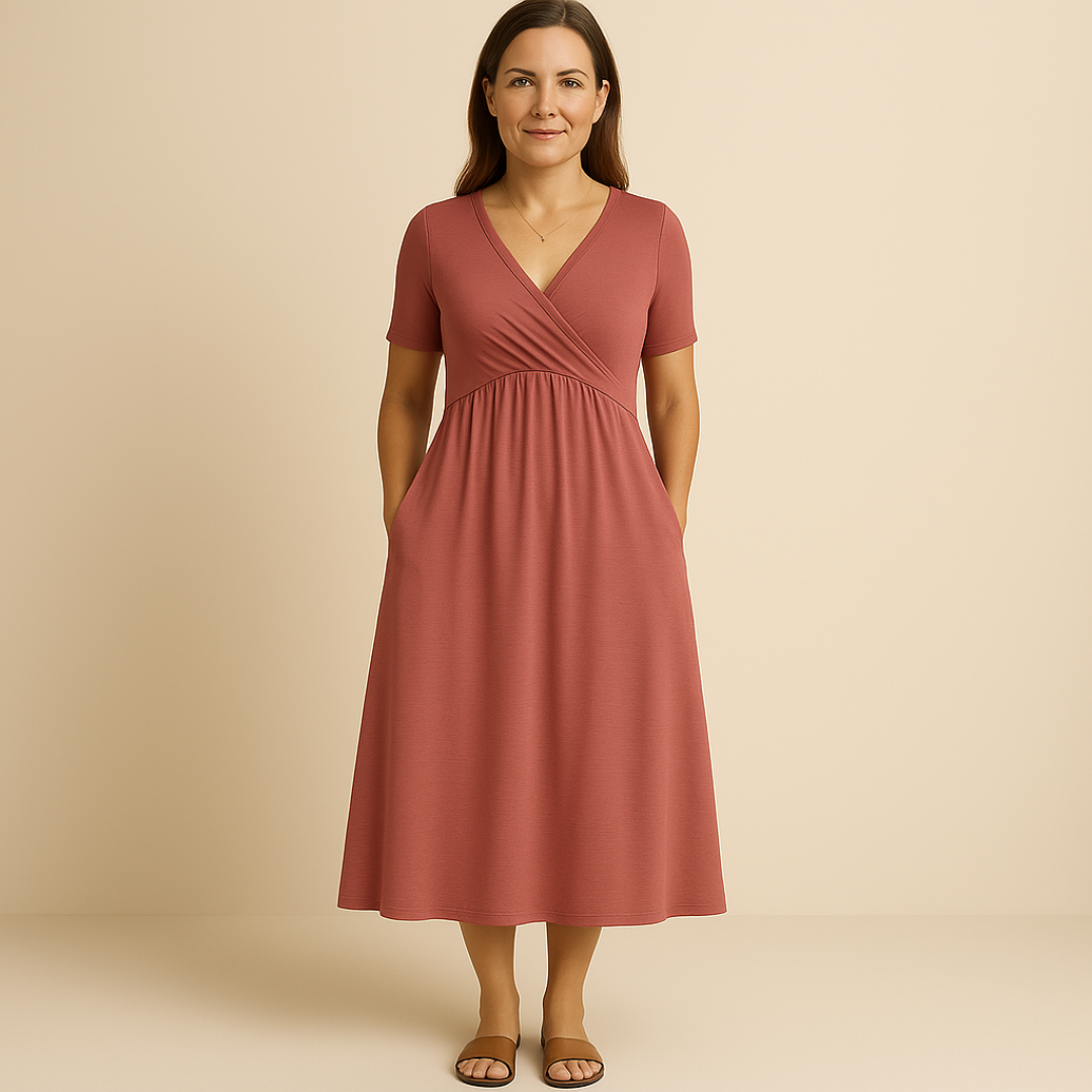 Bridgett | Vestido Midi Con Manga Corta y Corte Cruzado en la Parte Delantera