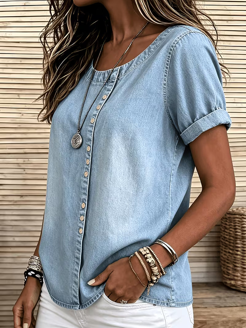 Ferina | Blusa Denim Lavado Manga Corta Botones
