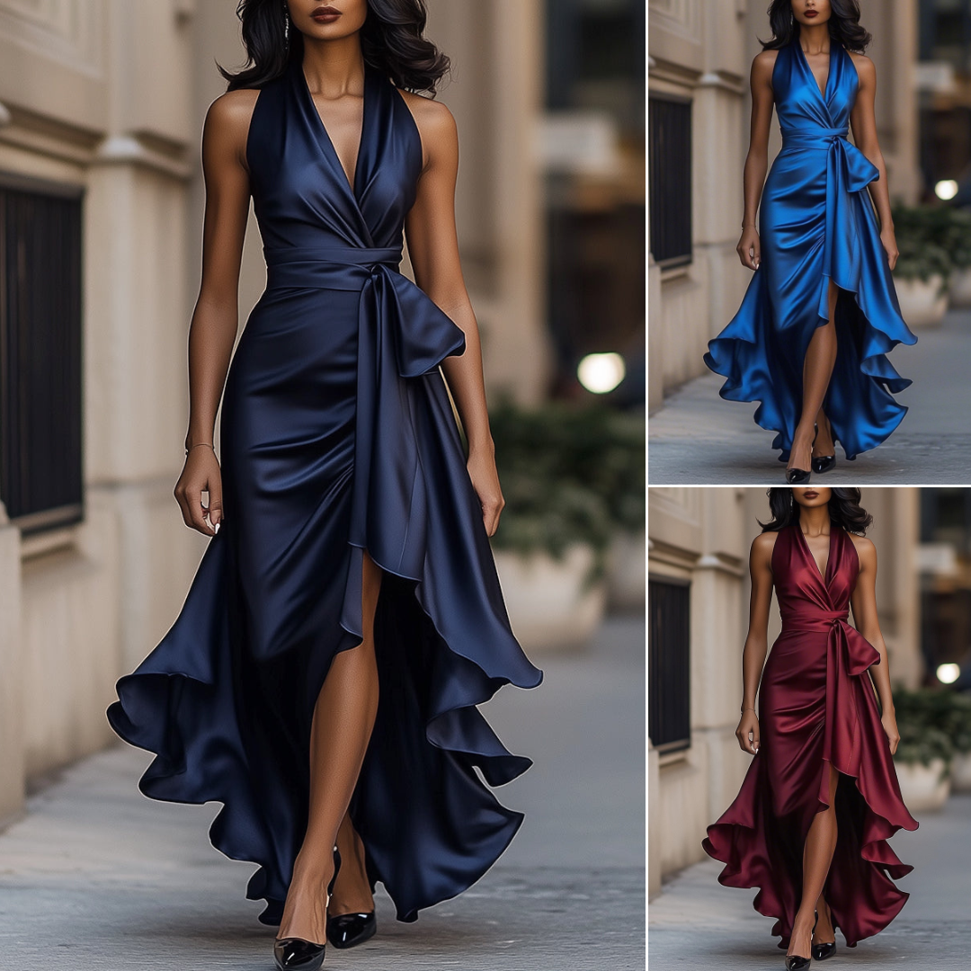 Imesha | Vestido Satinado Halter con Drapeado