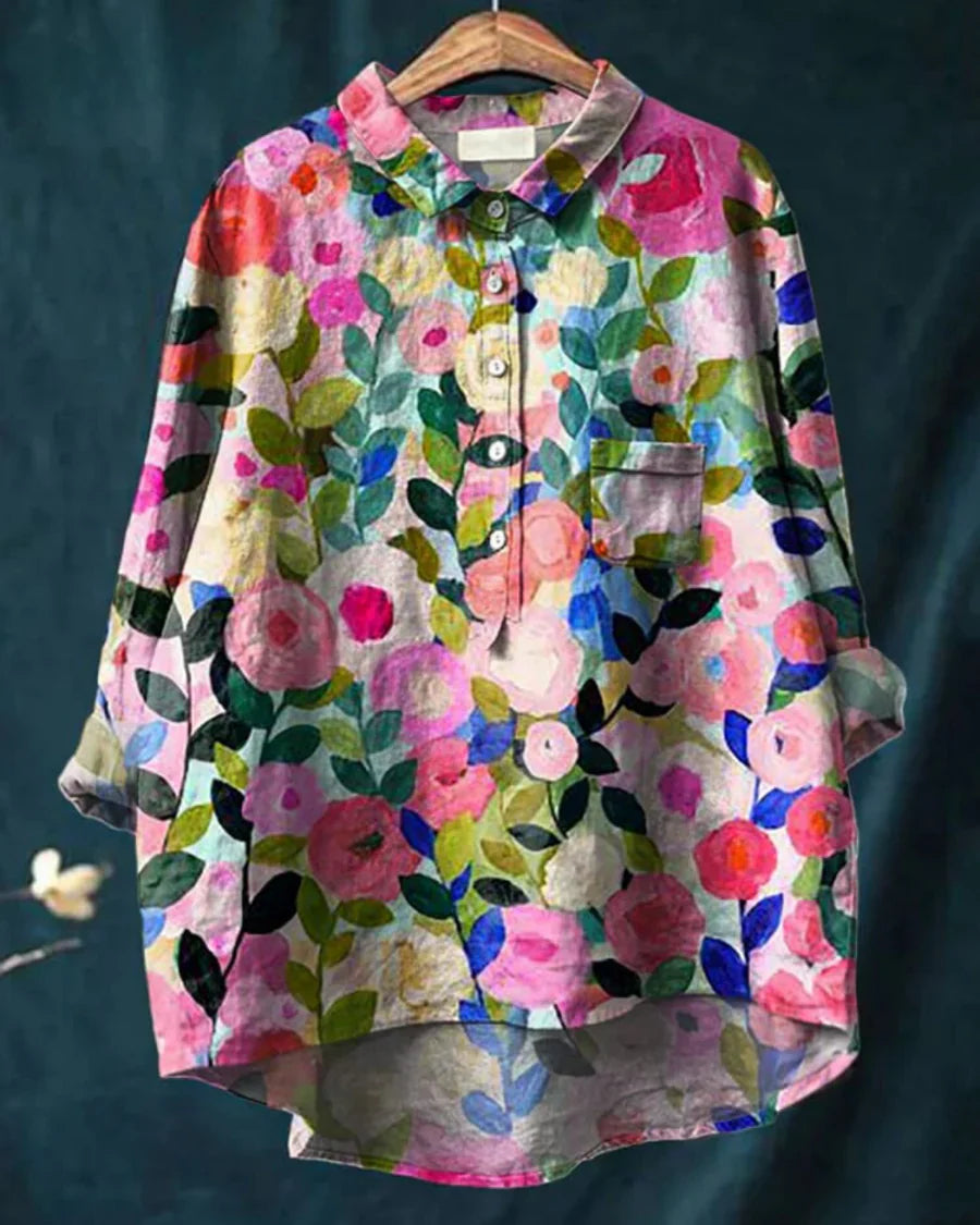 Emery - Blusa Con Estampado Floral Botones Cuello y Bolsillo en el Pecho