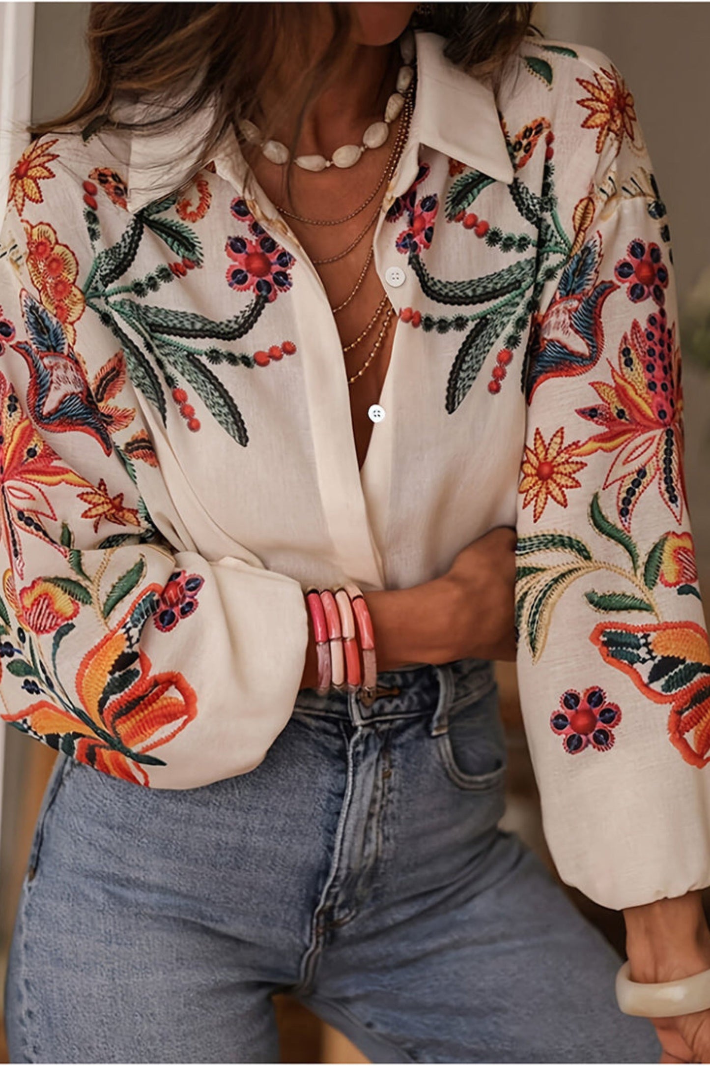 Mariluna | Camisa Floral Manga Larga Con Botones