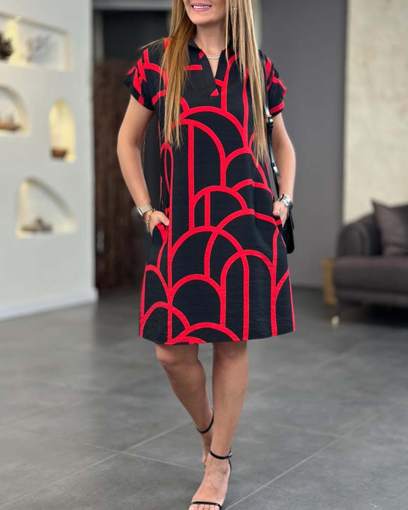 Veralia | Vestido recto con Cuello de Solapa y Estampado Geométrico