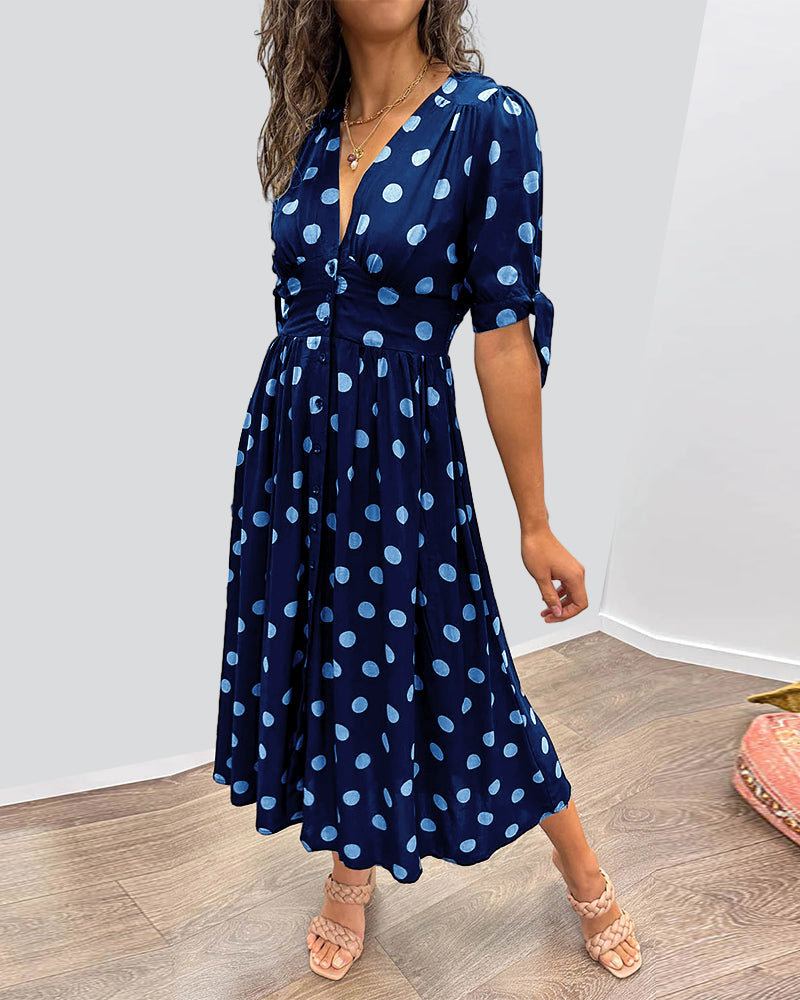 Janis | Vestido Midi Con Cuello en V y Estampado de Lunares