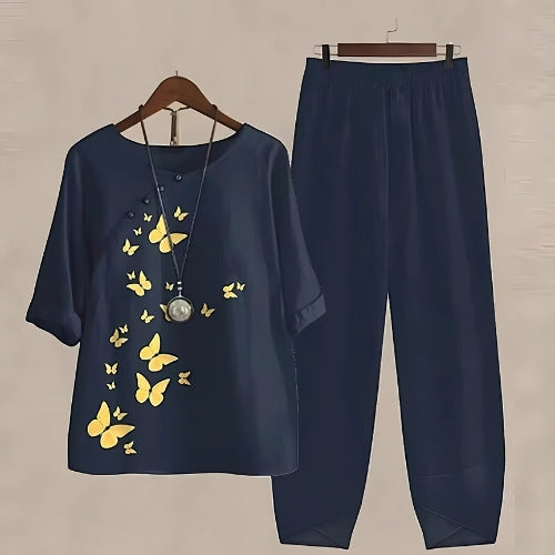 Raquel - Conjunto de dos Piezas Compuesto por un top Estampado Holgado y unos Pantalones