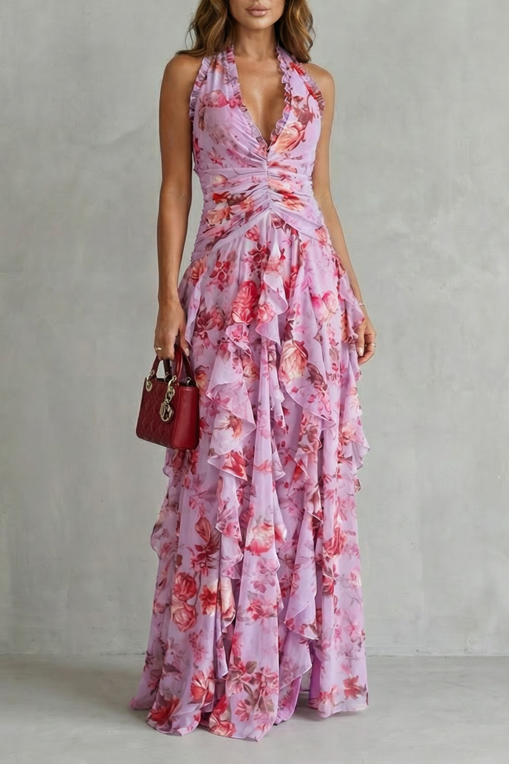 Eliora | Vestido largo con Volantes y Cuello Halter de Estampado Floral