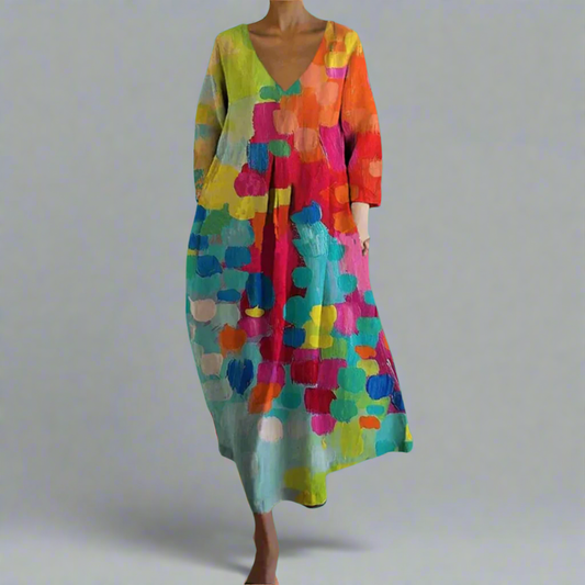Sunita | Vestido Midi Estampado Abstracto Cuello V