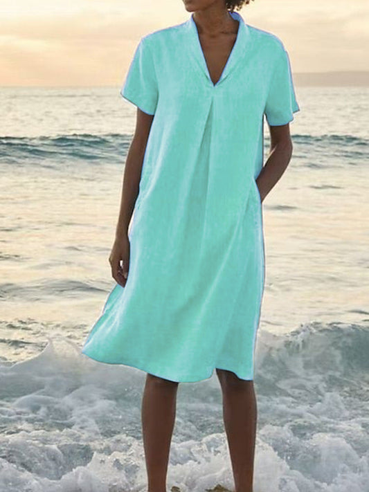 Laurie | Vestido Con Cuello en V Manga Corta y Bolsillo