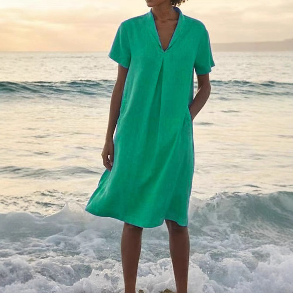 Laurie | Vestido Con Cuello en V Manga Corta y Bolsillo