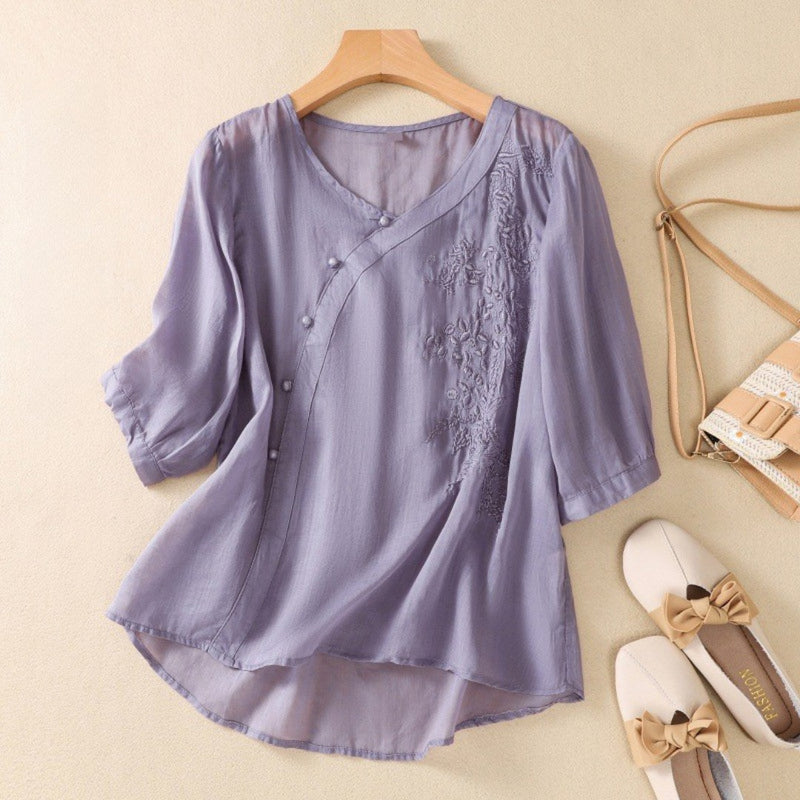 Loreen - Blusa Tipo Túnica Asimétrica Con Botones y Bordados