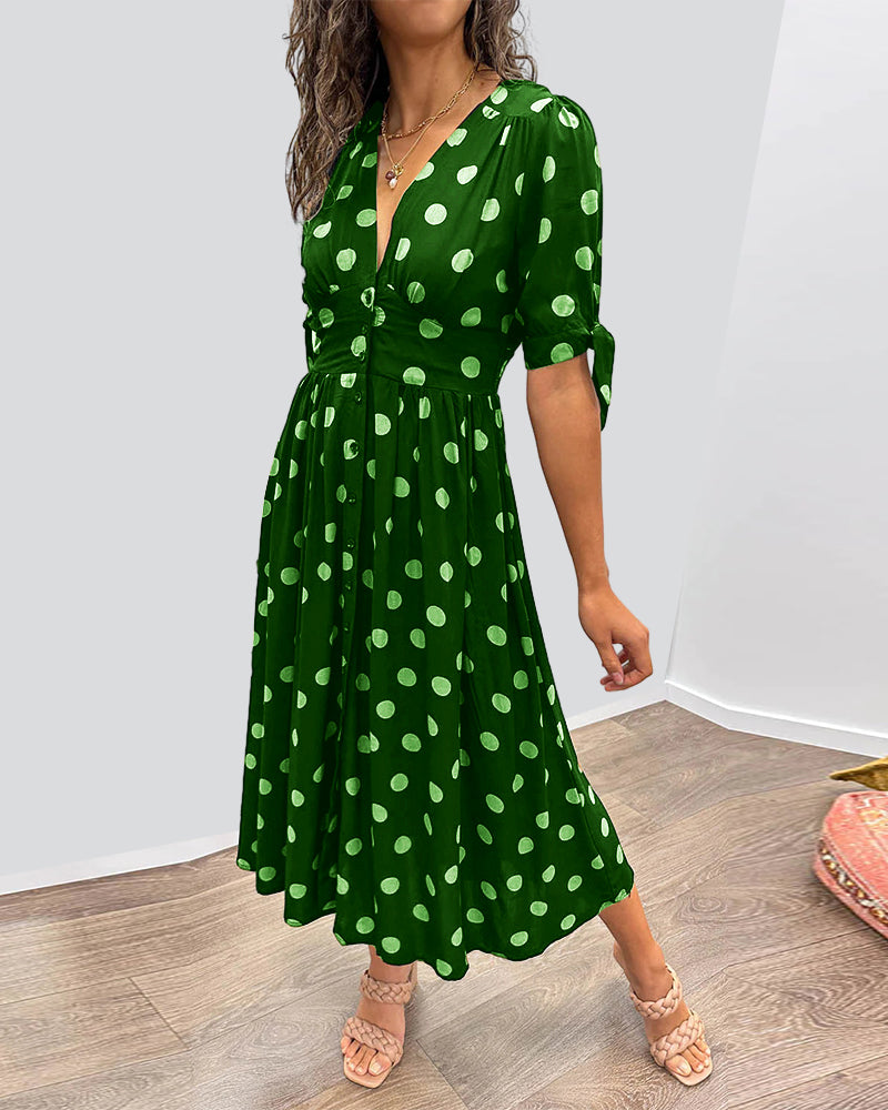 Janis | Vestido Midi Con Cuello en V y Estampado de Lunares