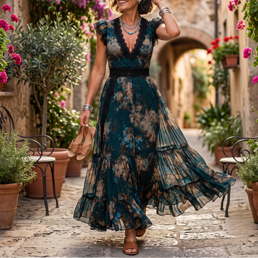 Erin | Vestido Largo Con Estampado Floral y Volantes