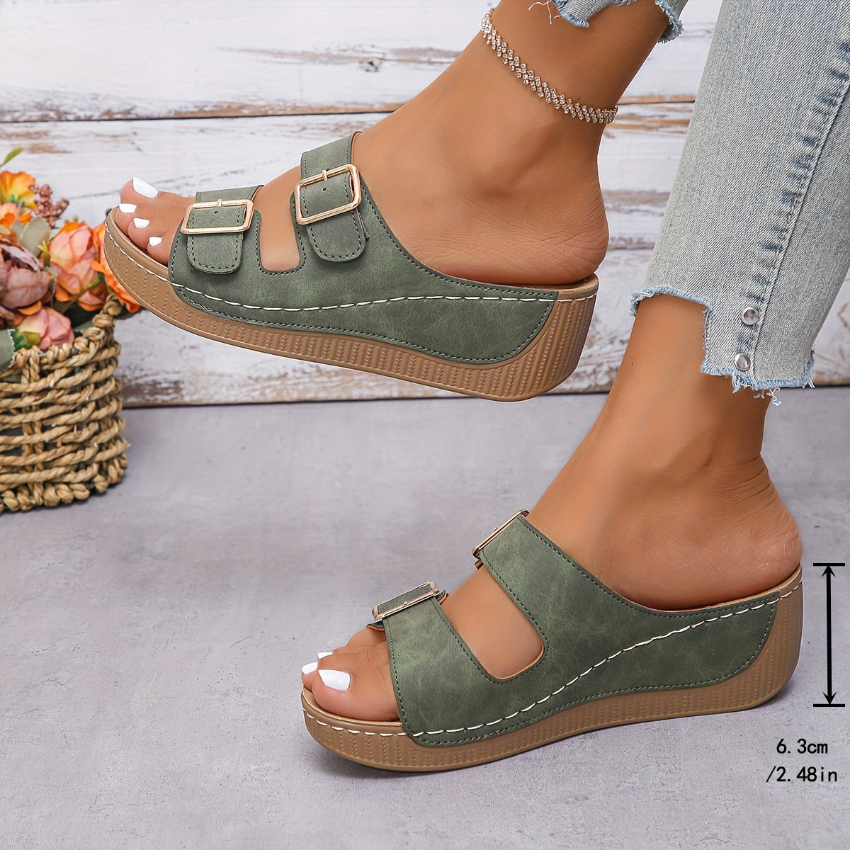 Zayira | Sandalias De Cuña Con Puntera Abierta Y Doble Hebilla