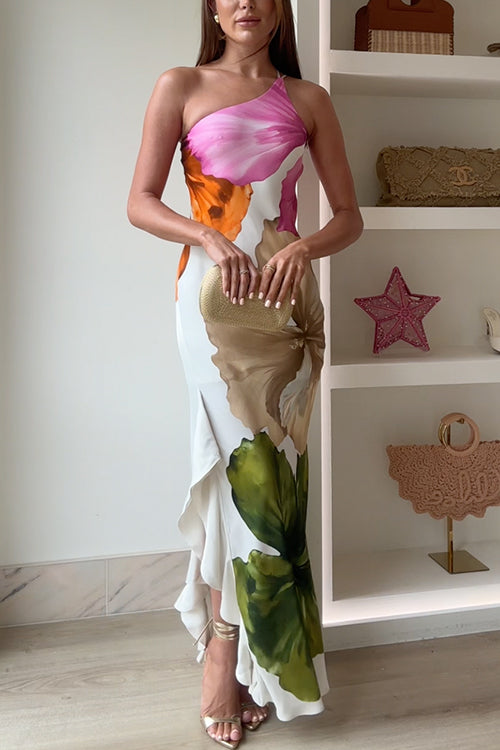 Jacklina - Vestido Largo de un Solo Hombro con Estampado Floral y Volantes
