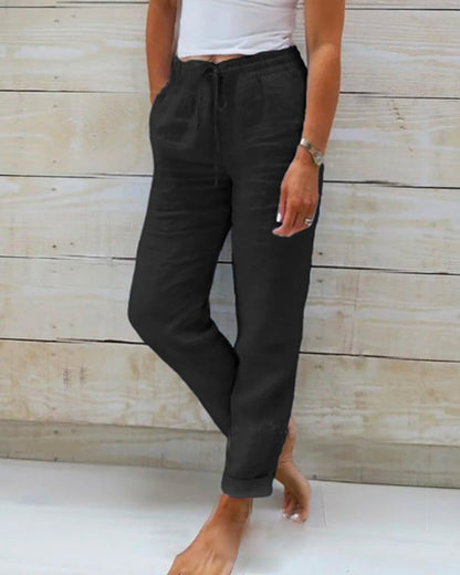 Roberta - Pantalones de Mezcla de Lino Con Cordón en La Cintura y Bolsillos Laterales