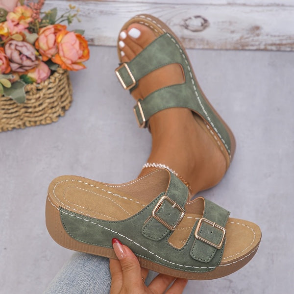 Zayira | Sandalias De Cuña Con Puntera Abierta Y Doble Hebilla