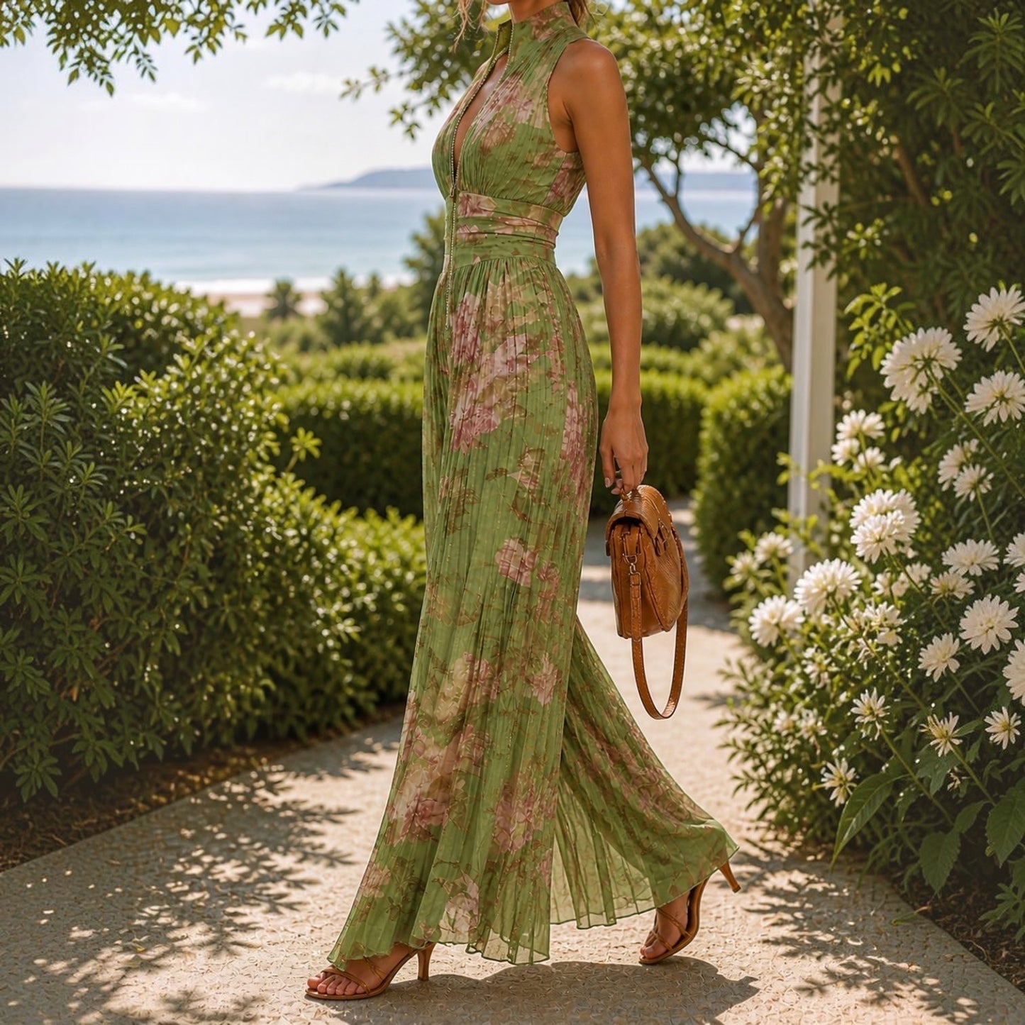 Lizzi | Mono con Cuello Halter, Pliegues Florales y Pernera Ancha