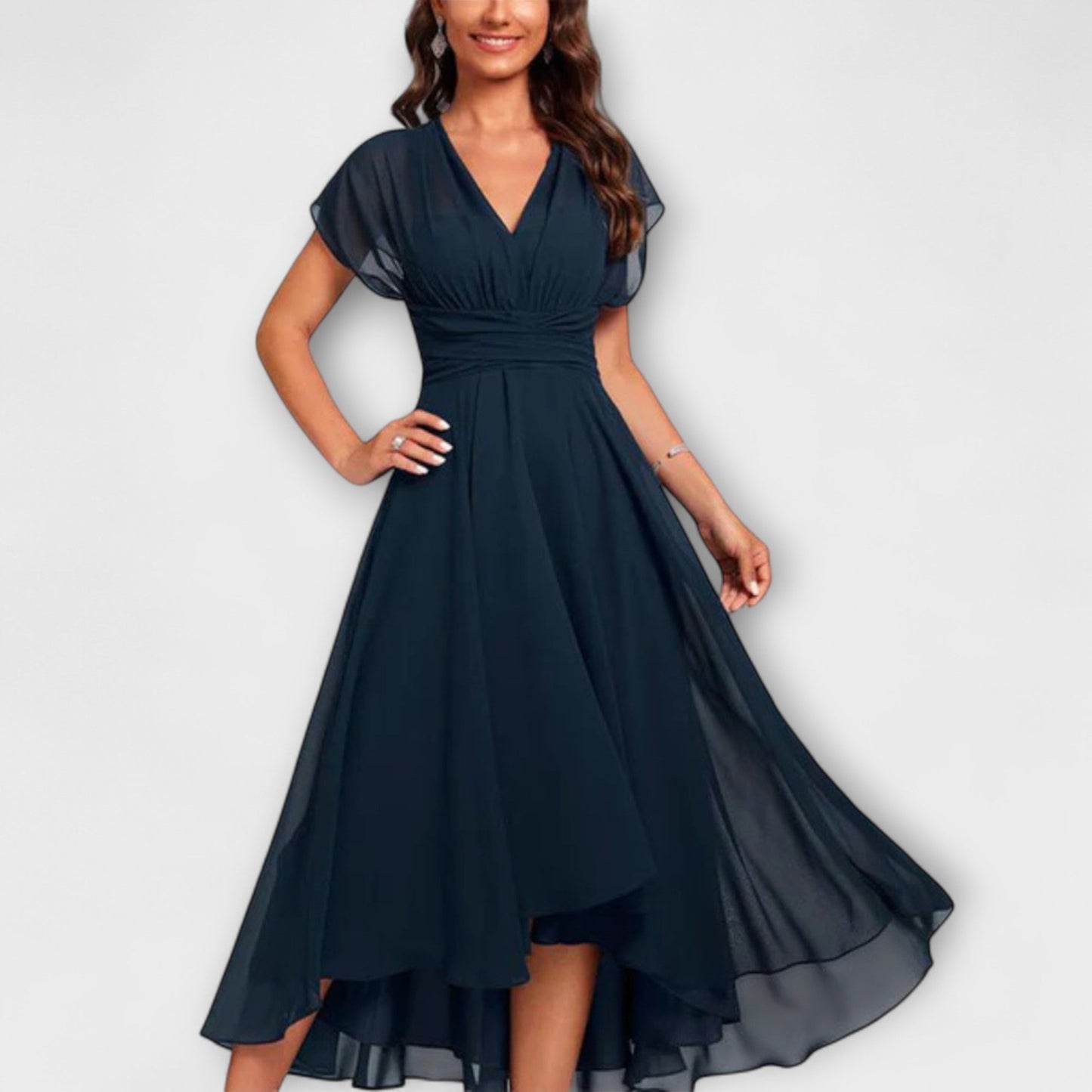 Catalina - Vestido Midi Azul Marino Con Cuello en V y Mangas Con Volantes