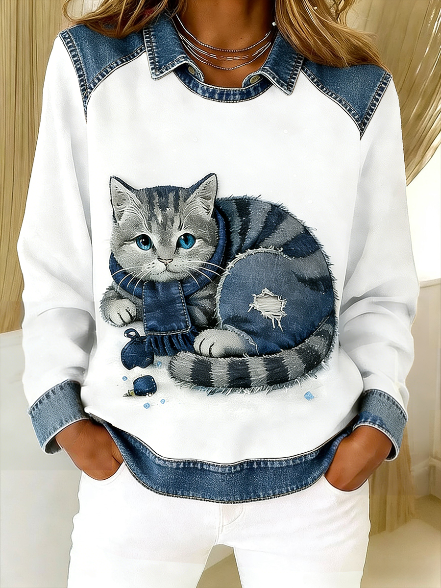 Eponin - Sudadera Con Parches de Denim y Estampado de Gatos