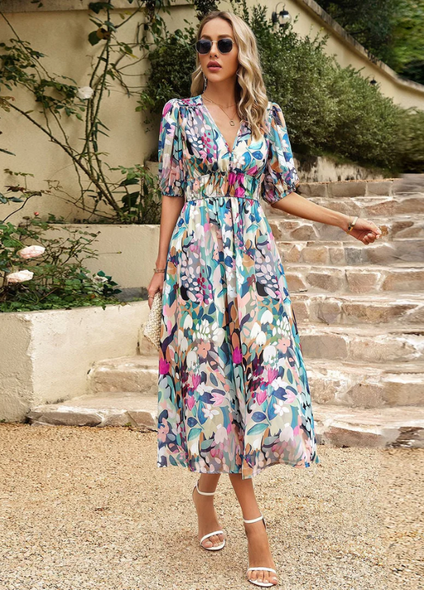 Josette | Vestido MIDI Estampado Cuello V Manga Abullonada