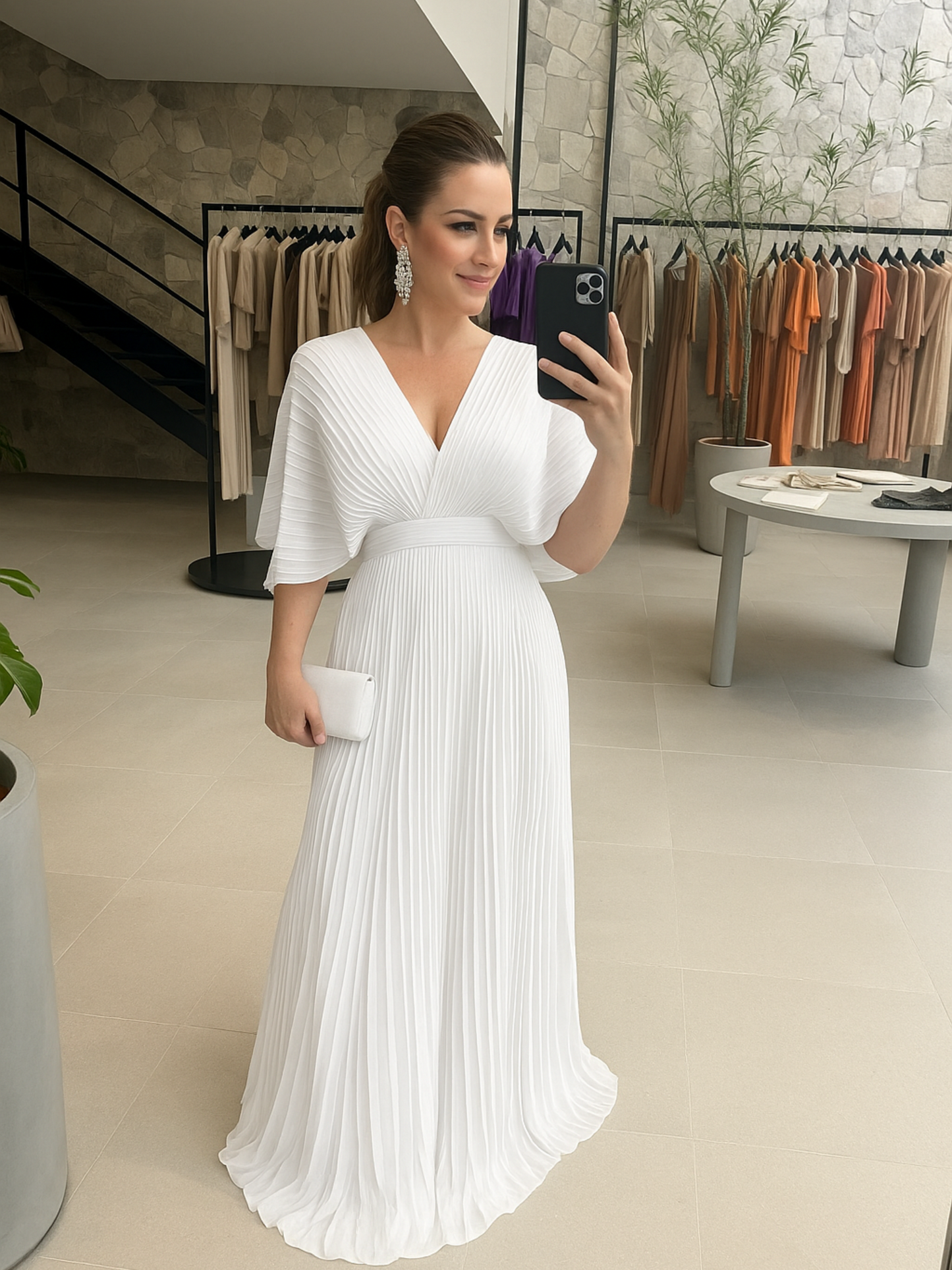 Valerija - Vestido Largo Plisado Con Cuello en V y Mangas Fluidas