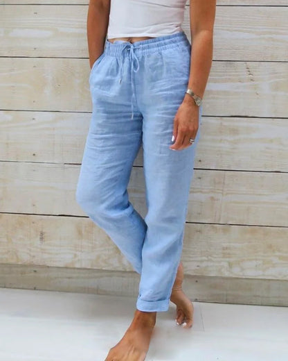 Roberta - Pantalones de Mezcla de Lino Con Cordón en La Cintura y Bolsillos Laterales