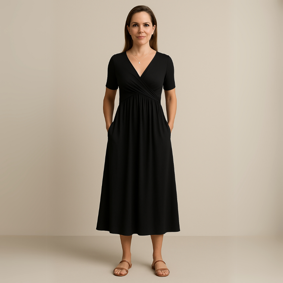 Bridgett | Vestido Midi Con Manga Corta y Corte Cruzado en la Parte Delantera