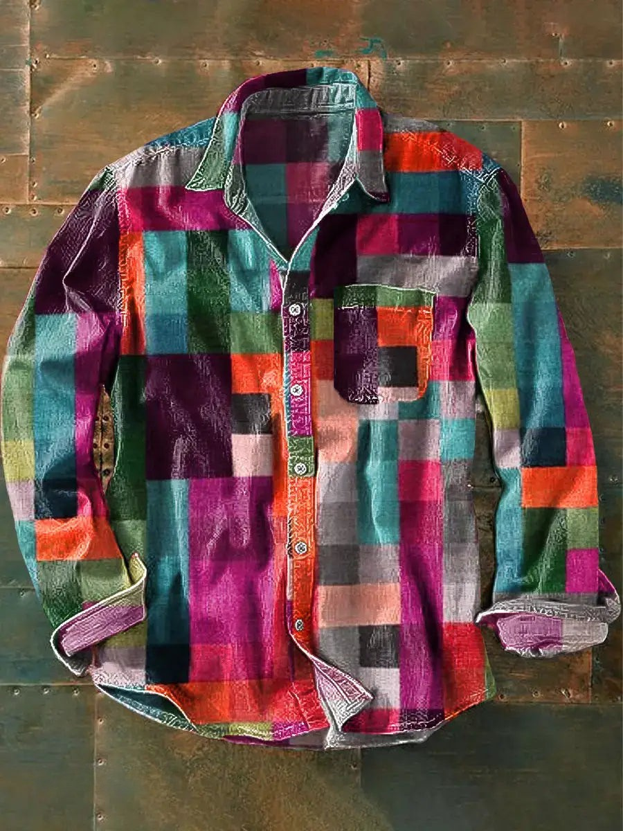 Germaine- Camisa unisex de manga Larga con Botones y Diseño Patchwork Multicolor