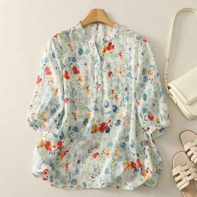 Rusina - Blusa Con Estampado Floral Cuello en V y Botones