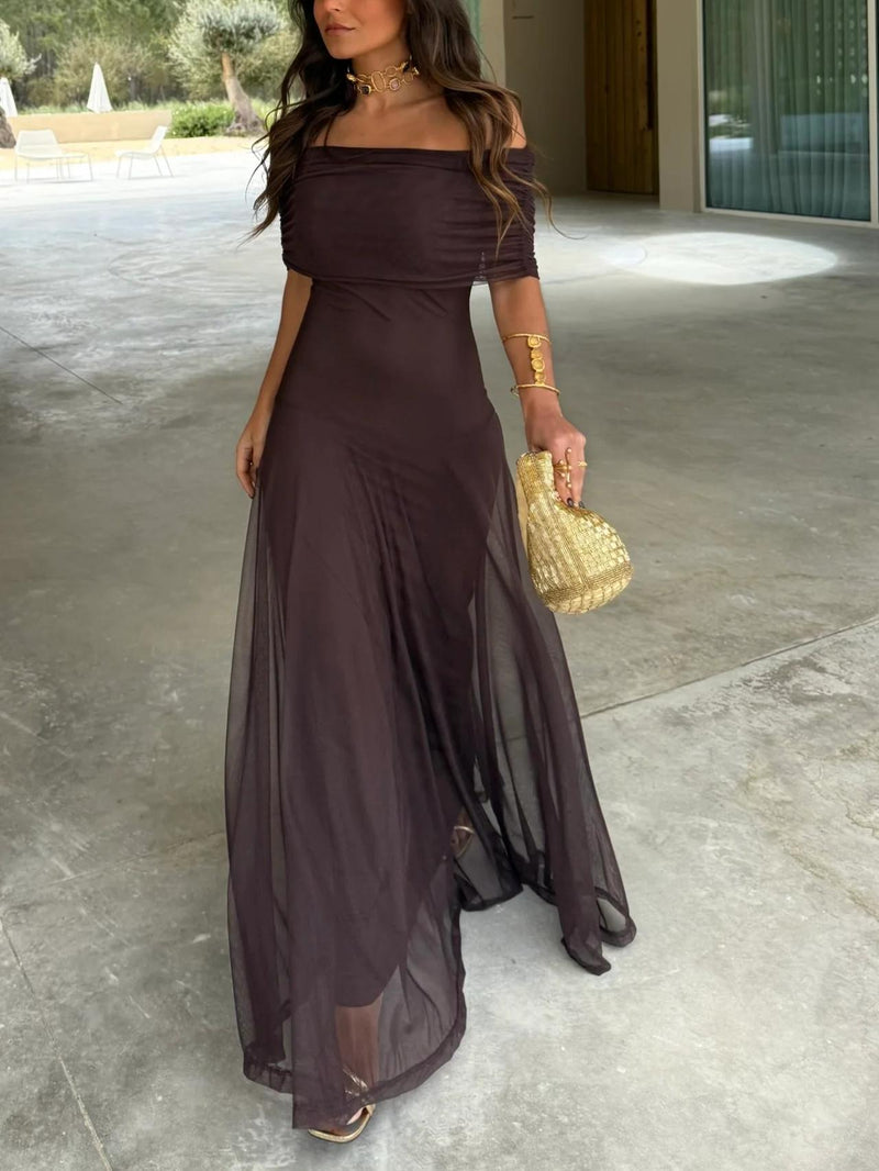 Dainia | Vestido largo con Hombros Descubiertos y bajo de Malla